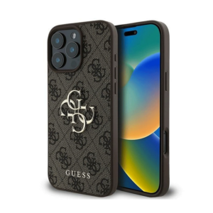 Coque Guess Hardcase 4G pour iPhone 16 Pro avec grand logo en métal, marron