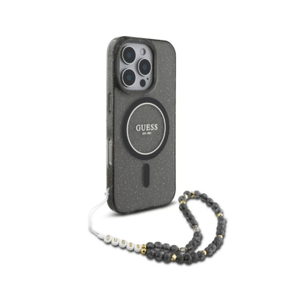 Coque MagSafe Guess Glitter avec bracelet en perles pour iPhone 16 Pro Max